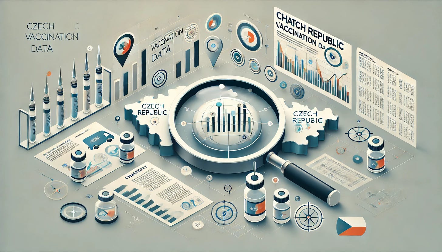 A cover art for an article titled 'ChatGPT's Analysis of Czech Republic Vaccination Data.' The image should feature a combination of data charts, graphs, and a stylized map of the Czech Republic. A sleek and modern design, with icons representing vaccines, statistical graphs, and a magnifying glass focusing on specific data points. The background should be a light, neutral color to keep focus on the visual elements. The title of the article should be prominently displayed in a Twitter preview-friendly 16:9 aspect ratio.