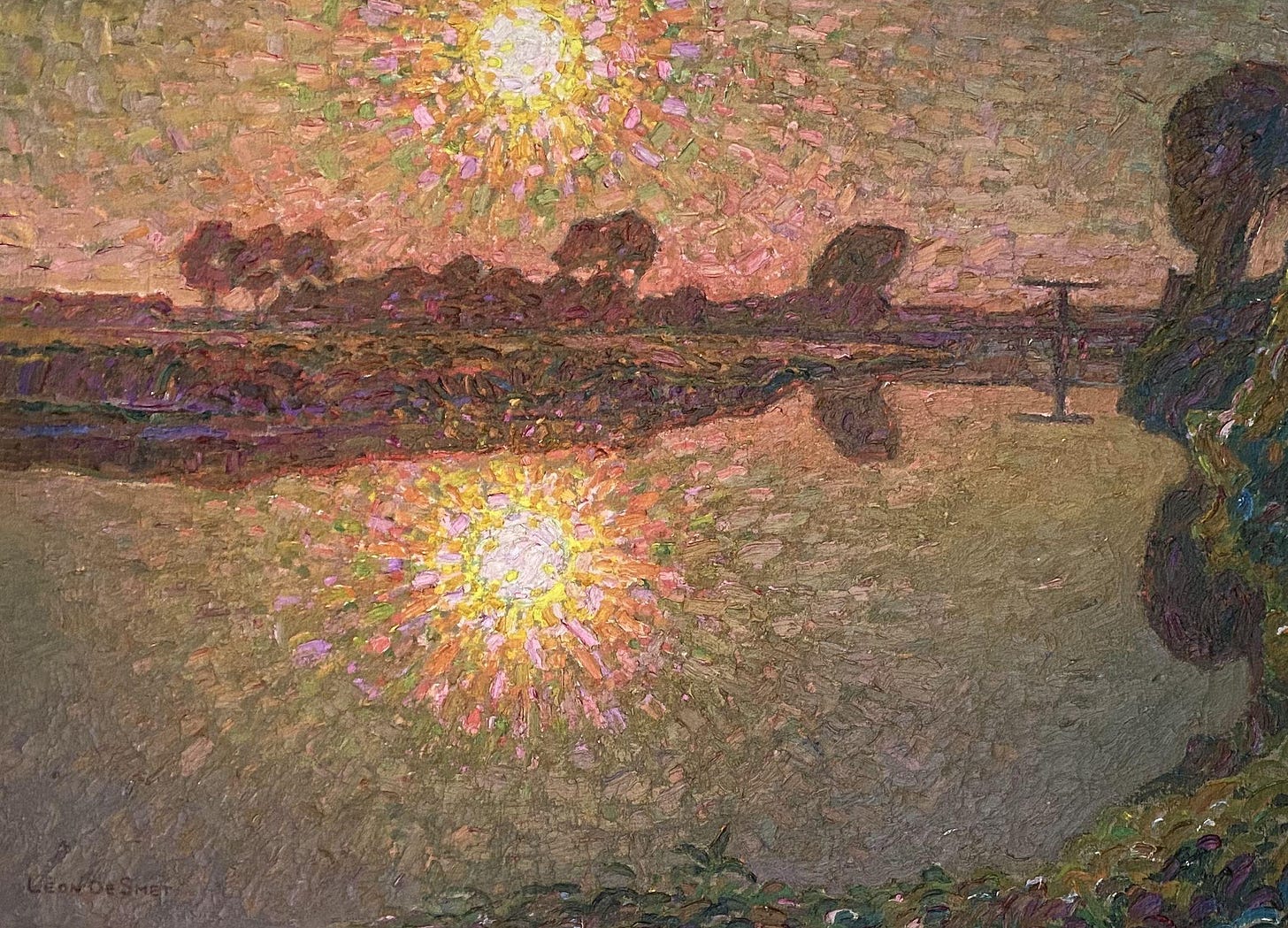 Léon De Smet Figurative Painting - Sunset over the river. Oil on canvas. Signed.