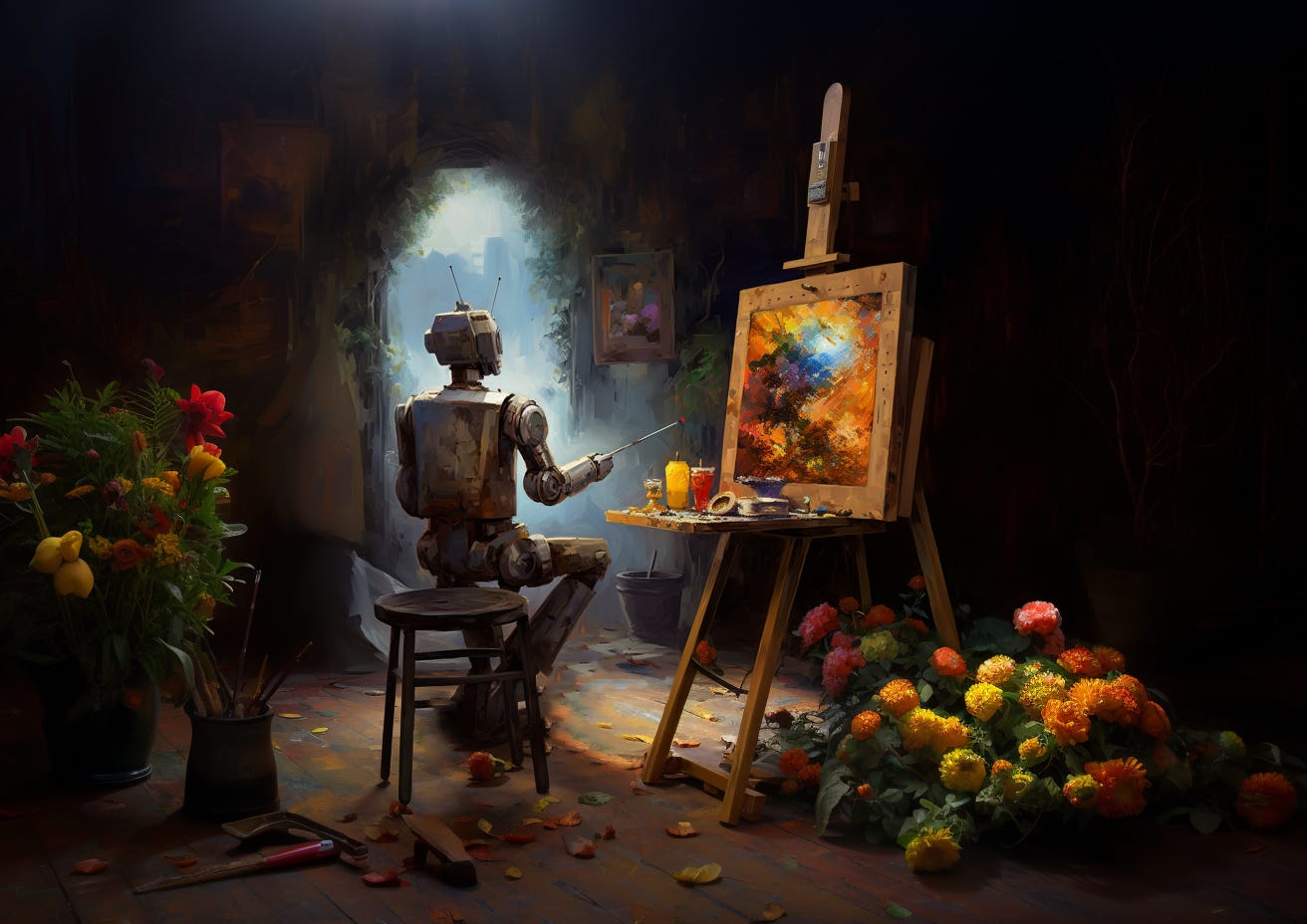 a robot painting an impressionistic flower painting surrounded by flowers