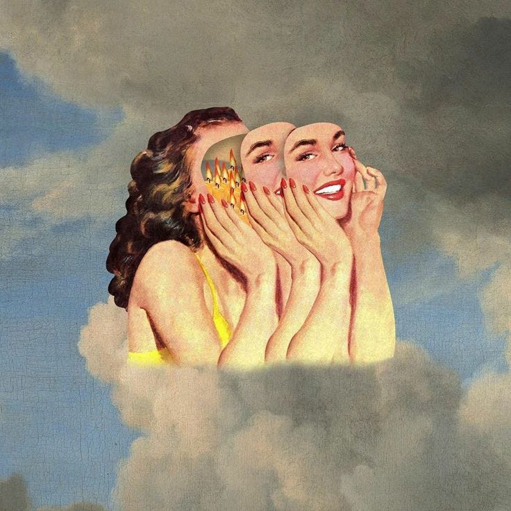 This may contain: two women covering their faces with hands in front of them, while they are surrounded by clouds