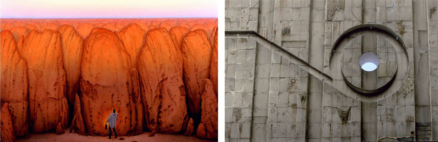 LEFT: With a lantern held at his side, a man reaches out to touch the pitted orange texture of a tall standing stone. Stacked tight with no gaps between, rows of stone stretch endlessly to the horizon. Distant, the evening star can barely be seen in the hazy pink sky. RIGHT: Tiny figures, each carrying a light, walk a path cut into the face of an enormous textured stone facade. The path angles angles down before opening to a round circuit where people seem to be defying gravity as they walk the curve even upside down. The channel in the stone resembles the number 9 lying face up. A hole at the center of the loop exposes the sky outside. A boy points his light up toward it but there is no apparent path there.