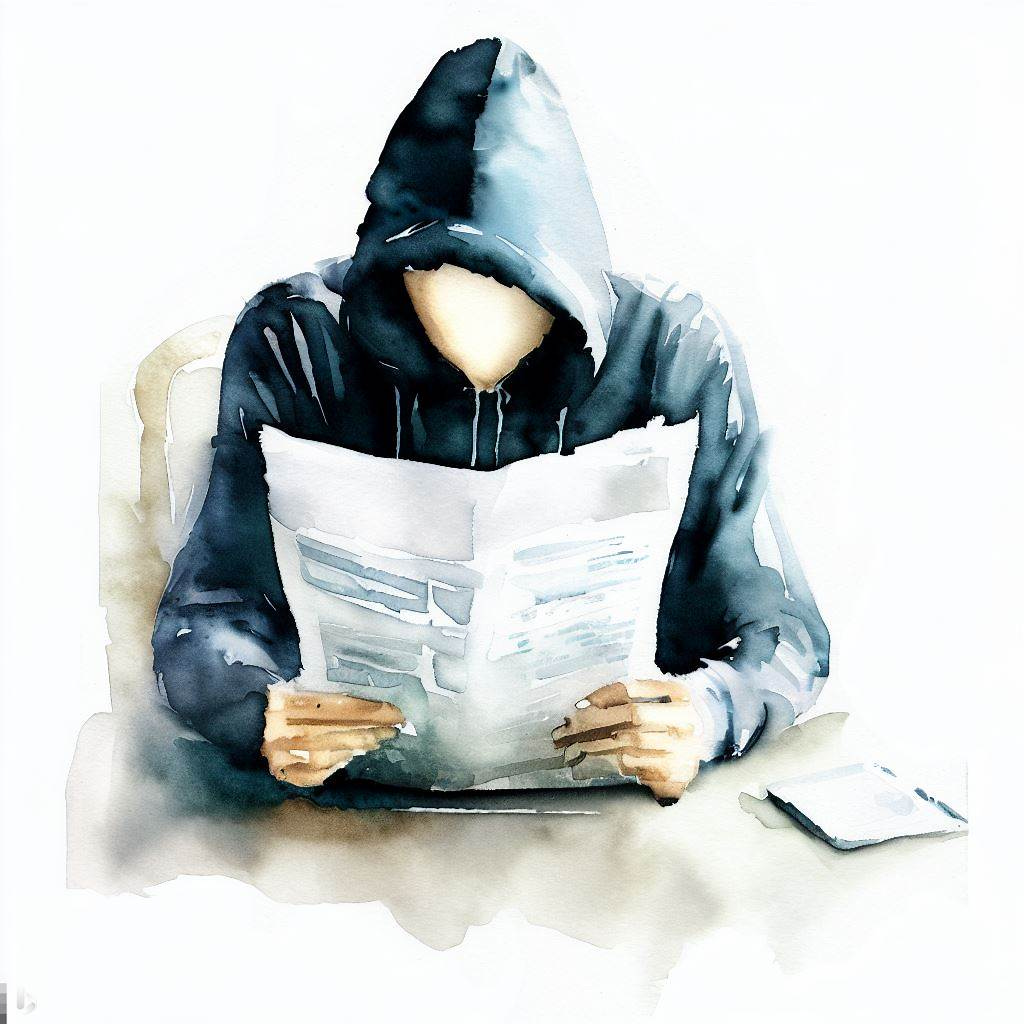 Computer guy in hoodie reading a newspaper, watercolor painting