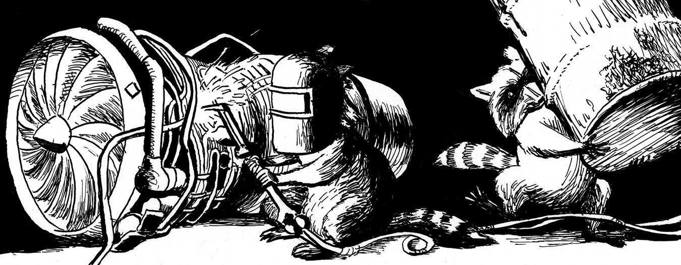 A raccoon with a welding torch works on a turbine while another raccoon carries a barrel well over twice its size.
