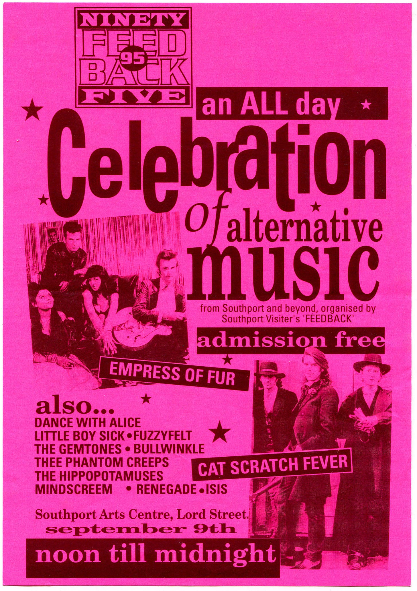 Flyer for "an all day celebration of alternative music" at Southport Arts Centre,9th September 1995. Includes a photo of Cat Scratch Fever.