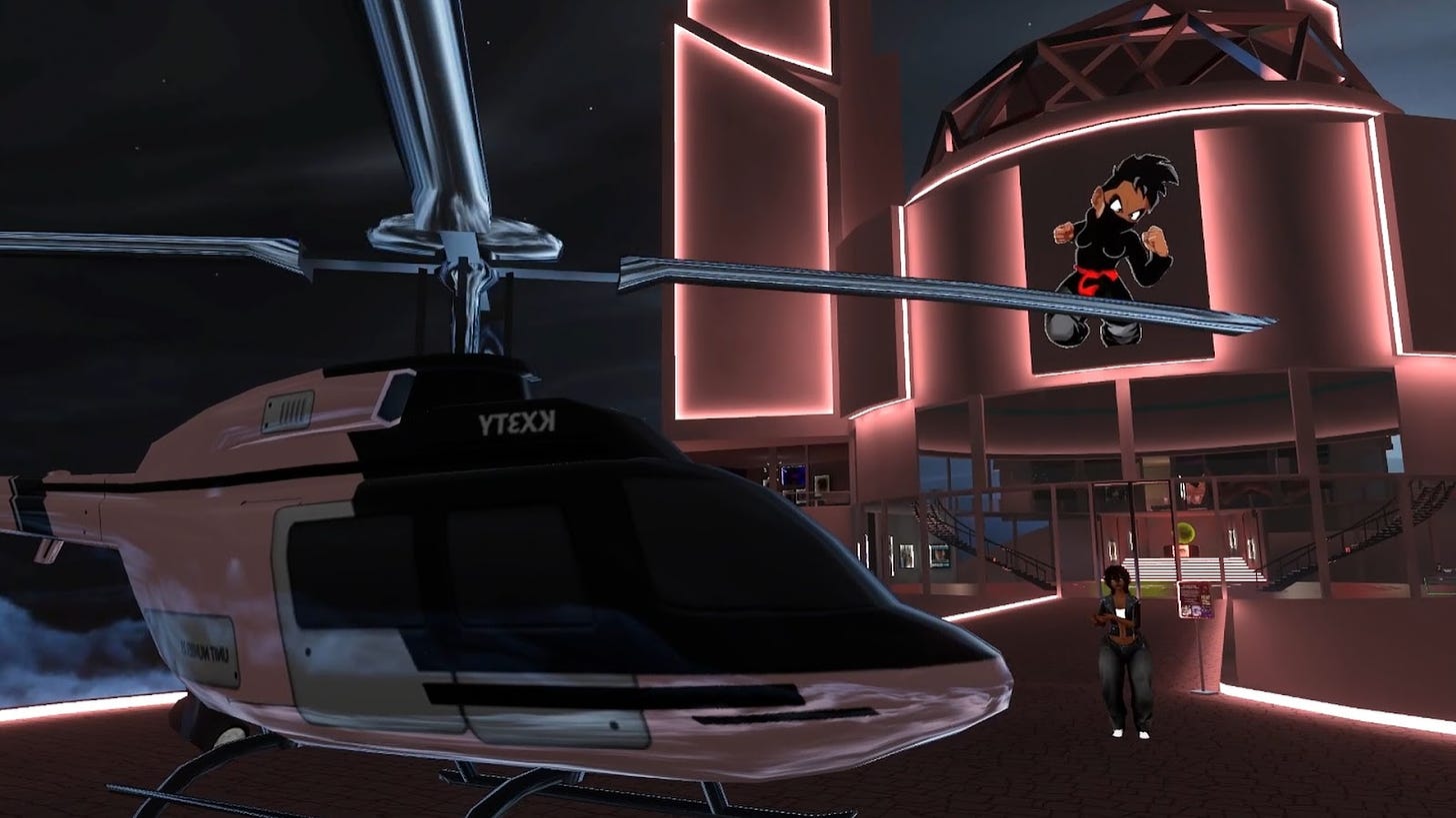 We arrived by way of a metaverse helicopter to the Music and Gaming Castle with Nina Creese, pictured here in front.