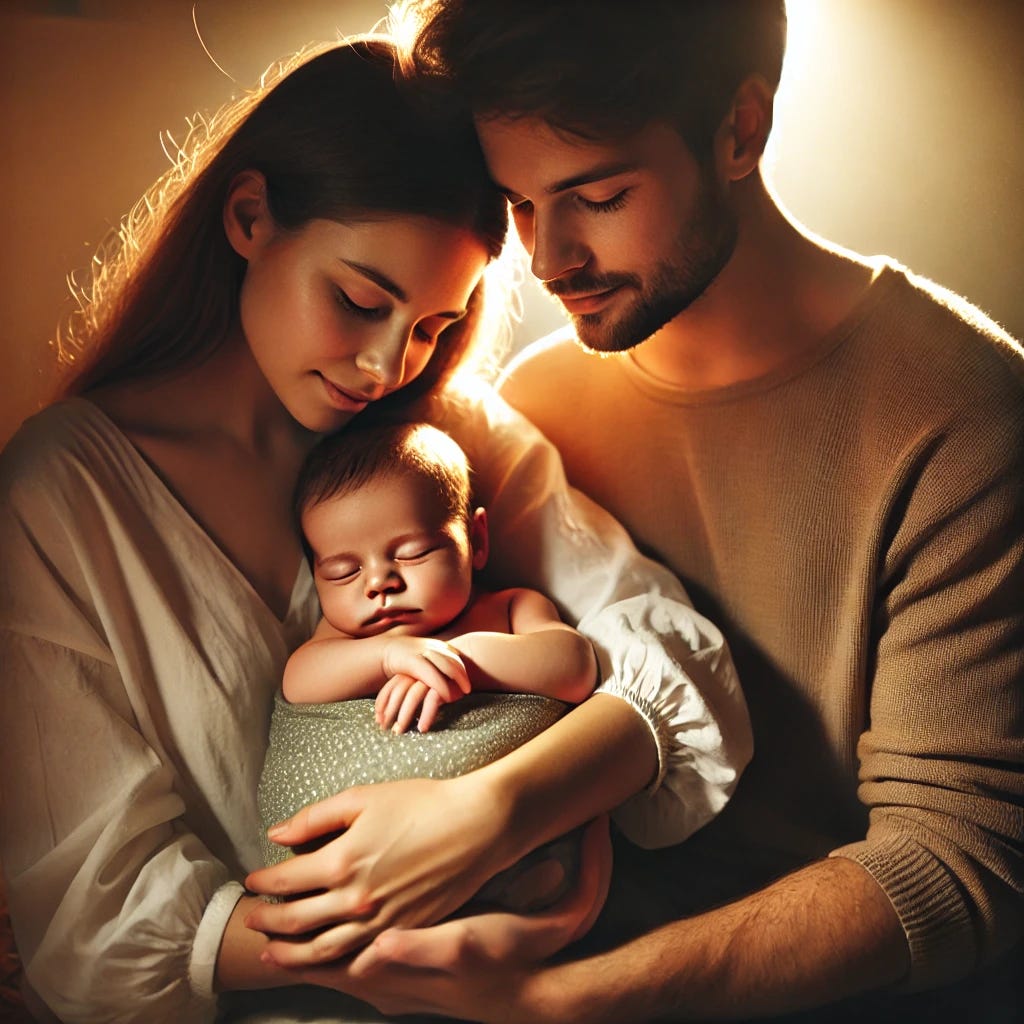 A tender scene depicting parental love for an infant. A mother and father gently cradle their newborn baby between them, with soft expressions of love and care. The parents are sitting close together, forming a protective circle around the child, who is peacefully sleeping, wrapped in a soft blanket. Warm lighting surrounds the family, casting a gentle glow. The background is minimal and serene, emphasizing the deep connection and bond between the parents and their baby. The image radiates warmth, tenderness, and unconditional love.