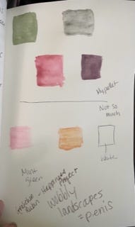 Watercolor blocks and writing on sketchbook paper. Divided into colors I like or use and colors I do not.