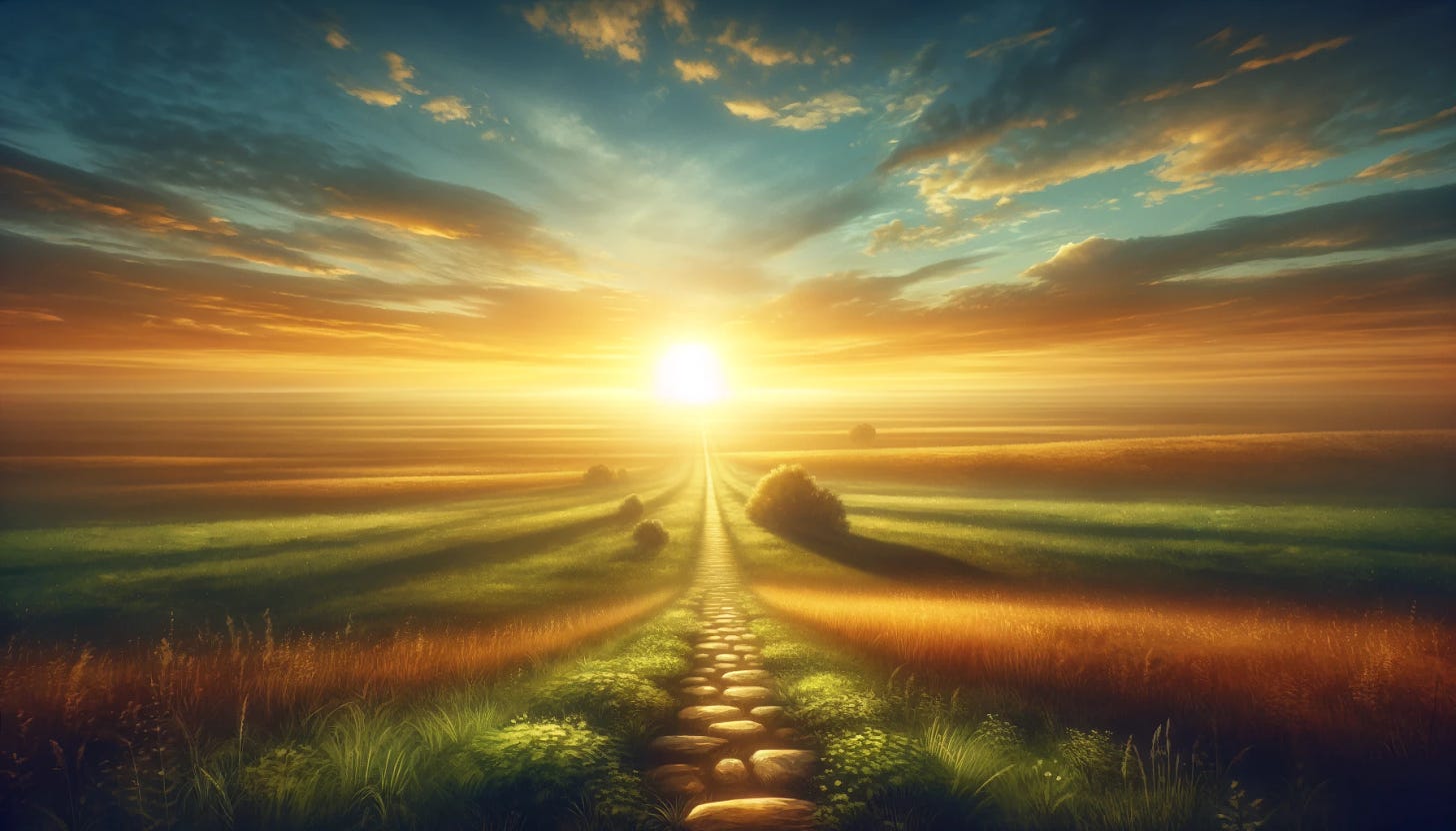 A visually compelling thumbnail of a serene sunrise over a vast landscape, symbolizing new beginnings and hope. A well-worn path leads through a lush, green meadow toward a bright horizon where the sun is just rising. The path is lined with small stones, subtly implying the journey ahead. The overall colors are warm, with shades of gold, orange, and light green, evoking a sense of warmth and optimism. Created Using: peaceful sunrise, vast landscape, path through meadow, subtle stone markers, warm color palette, golden morning light, clear sky, glibatree prompt, inspirational visual narrative