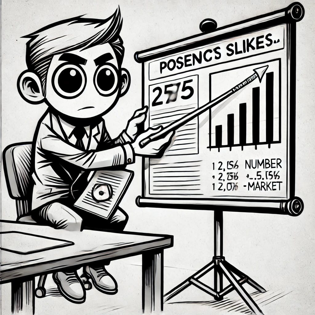 Black and white cartoon drawing in the same style, featuring the same presenter character sitting at a desk, drawing a PowerPoint slide on a piece of paper. The paper shows a large number, a graph, and a heading labeled 'Market'. The character is focused, with an intense expression, holding a pen in one hand. The scene is humorous and lighthearted, with exaggerated cartoon features and simple linework.