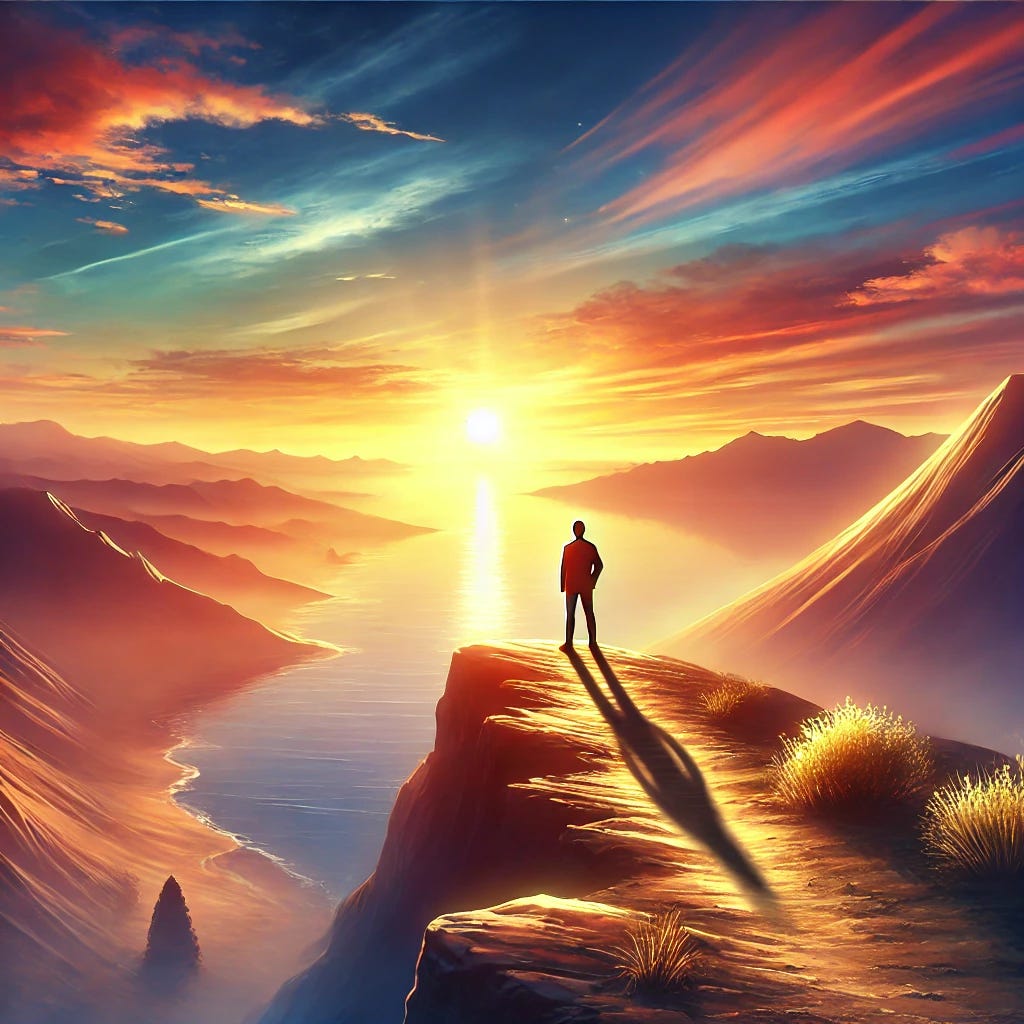 An inspiring and serene image depicting a person standing at the edge of a cliff, gazing out at a vast horizon under a vibrant sunset, symbolizing self-reflection and growth. The landscape should have a blend of mountains, water, and a clear sky, evoking a sense of calm and introspection. Include subtle elements like a path leading towards the horizon to emphasize the journey of personal development. The overall mood should be peaceful yet empowering, with warm and soft lighting from the sunset illuminating the scene.