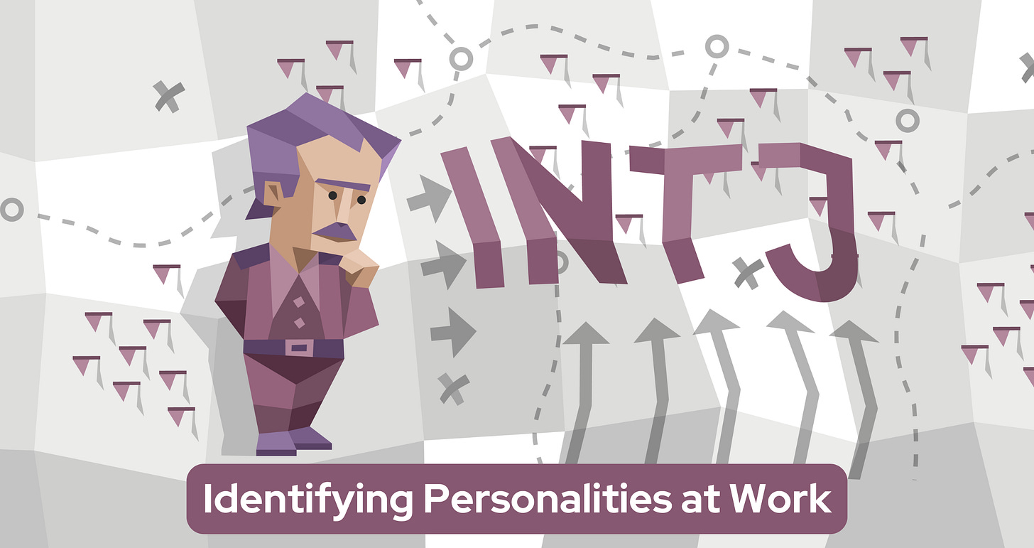An INTJ man with purple hair and mustache, wearing a purple suit, stands in a thoughtful pose. To his right, the letters "INTJ" are prominently displayed. The background features various symbols, such as arrows and dashed lines, suggesting complexity and strategic thought. Text in a purple banner reads: Identifying Personalities at Work