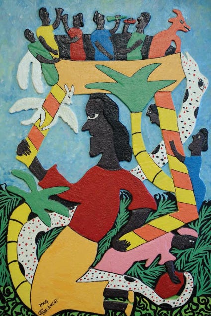 A piece of art in bright cheerful colors. It shows a Black person in a field holding up a big group of smaller Black people. There is also a palm tree