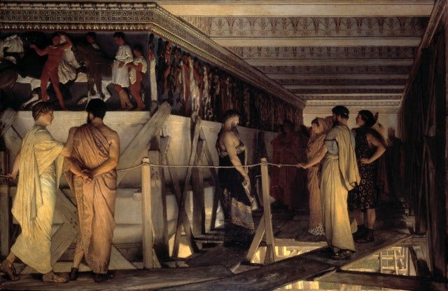 Painting called "Phidias Showing the Frieze of the Parthenon to His Friends" by Lawrence Alma-Tadema. Phidias was the architect behind the Parthenon and the Athena Parthenos statue. He features heavily in "Pericles and Aspasia".

Painting shows at left the North frieze slab XLVII and the West frieze Slabs I and up visible at right in the Parthenon.

Among the spectators, critics have identified Pericles, the bearded man facing Phidias. Next to him is his mistress, Aspasia. In the foreground stands a youth, Alcibiades, with his lover, Socrates.