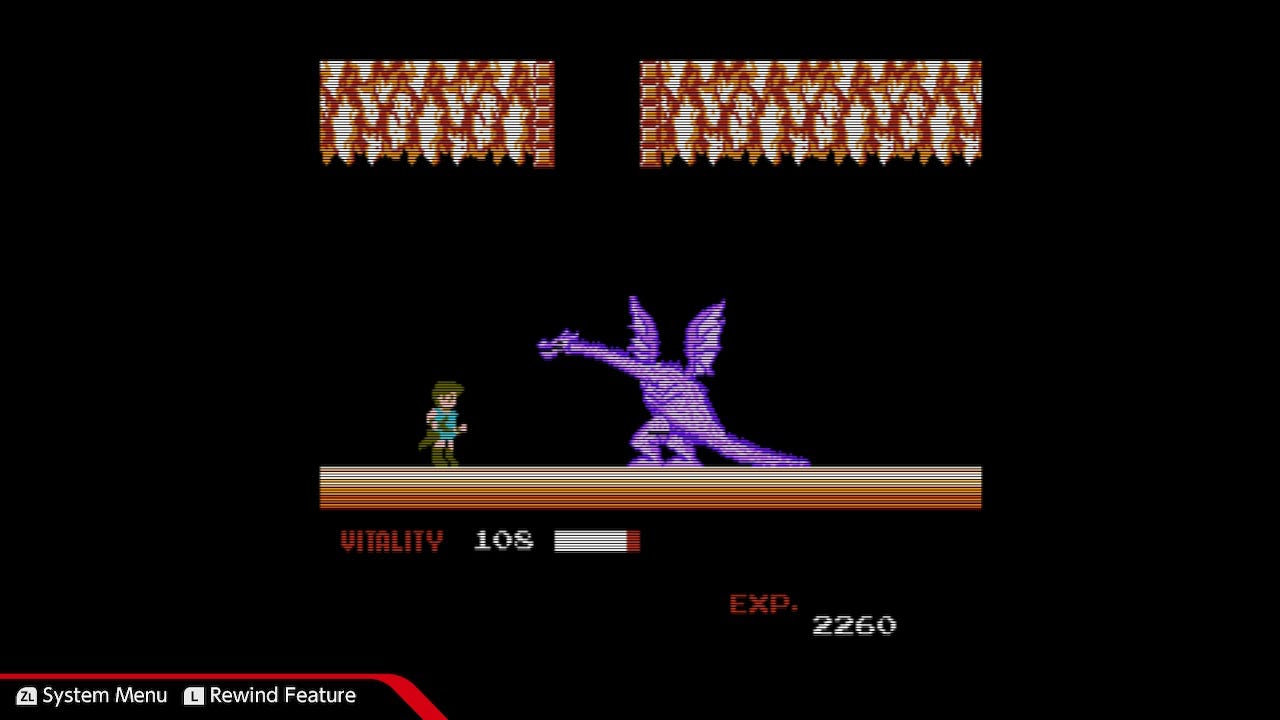 A screenshot of a battle against the round 1 dragon, which here is purple instead of green. The background is black instead of detailed, as this is the Famicom version of Dragon Buster.
