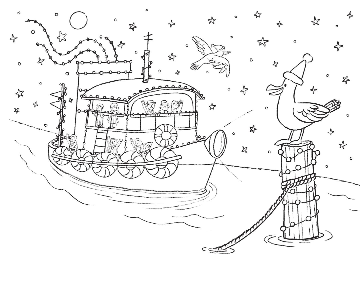 Coloring sheet for Christmas Ahoy illustrated by Kayla Stark