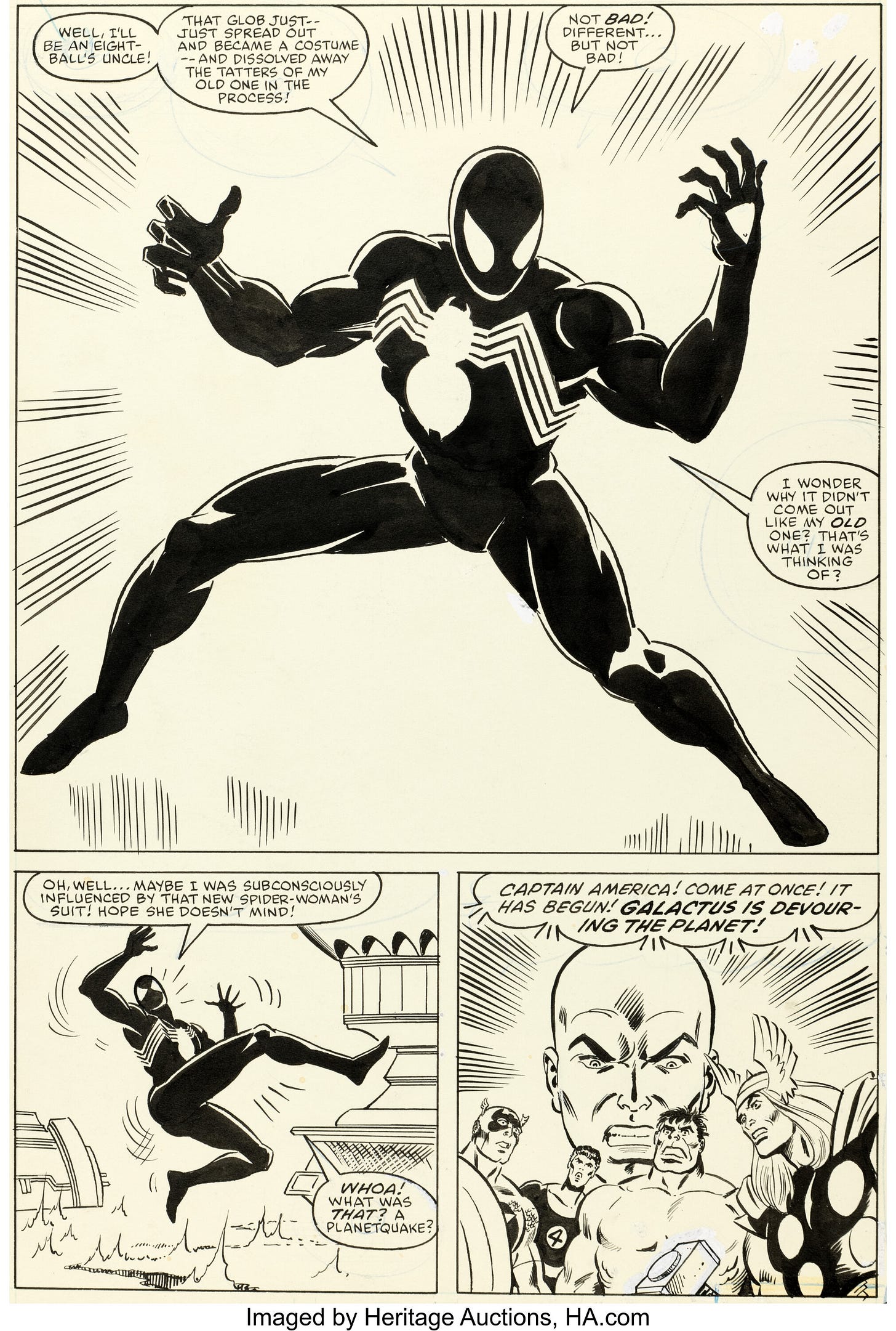 Original art for the origin of the comic character Venom, or Spider-man in a black suit