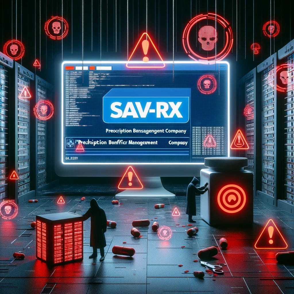 A 3D scene illustrating Sav-Rx, a prescription benefit management company, in the midst of a data breach. The central focus is on the Sav-Rx logo on a digital screen, with red alert symbols and warning messages surrounding it. Data streams and lines of code flow out of the screen, indicating a breach. In the background, a vault of prescription records is being accessed by shadowy hacker figures. The scene has a dark and chaotic atmosphere, with a sense of urgency and tension, highlighted by red and blue tones.