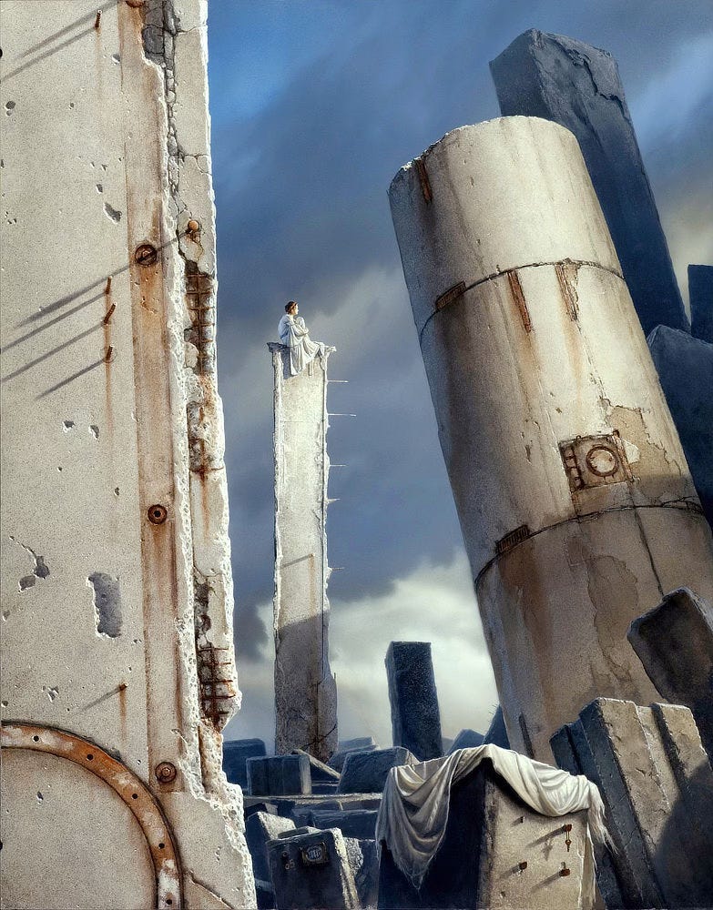 Seated high atop a slender concrete support, a woman sits hugging her knees. The hem of her white dress spills down from her perch. As seen through the tilted wreckage of stone slabs, her face is bathed in light. As she faces a sun unseen, long shadows fall behind her, cast by the rebar protruding from the nearest facade. The surface is chipped, pitted and worn through to expose the rusted skeleton beneath once smoothly constructed stone. In the immediate foreground, a key hangs looped over a short outcrop of rebar.