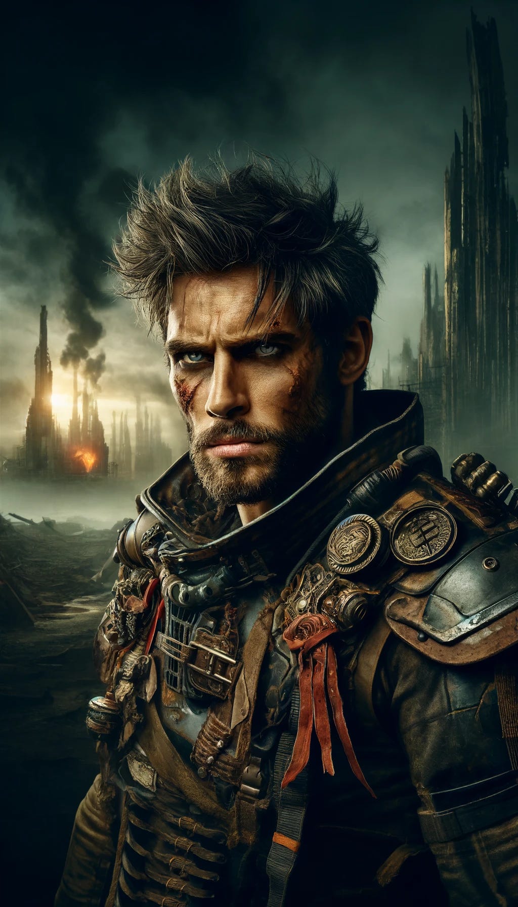 A fierce post-apocalyptic warlord, looking terrifying yet handsome. He has rugged, chiseled features with a strong jawline and piercing eyes. His attire is a mix of tattered, battle-worn armor and scavenged high-tech gear, adorned with trophies from past victories. His hair is wild and untamed, and he has scars and tattoos that add to his menacing appearance. The background is a desolate, ruined cityscape, with smoke and fire in the distance, adding to the apocalyptic atmosphere.