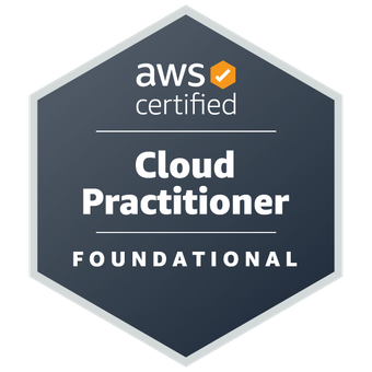 AWS Certified Cloud Practitioner badge image. Certification. Foundational level. Issued by Amazon Web Services Training and Certification