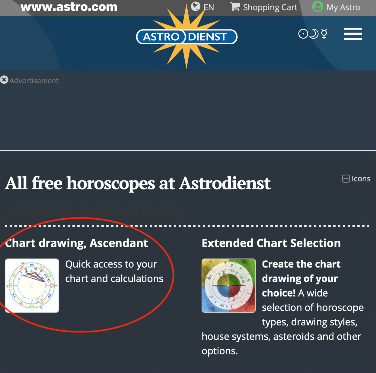astro.com page with "Chart drawing, Ascendant" in a red circle
