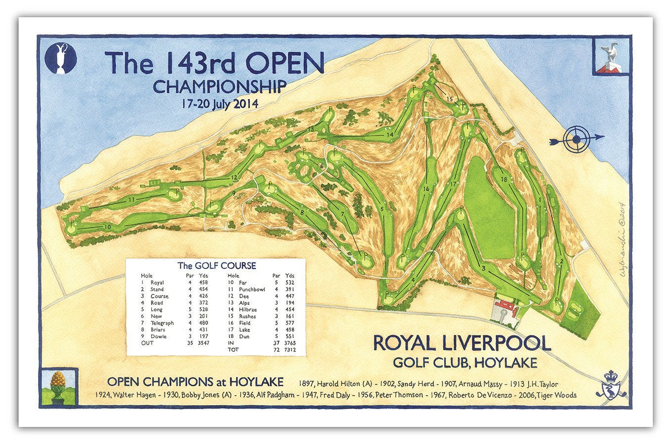 Signed 2014 Open Championship Course Map of Royal Liverpool Golf Club  (Hoylake)