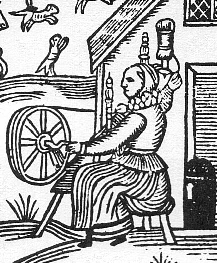 Woodcut showing an Elizabethan woman working at the spinning wheel