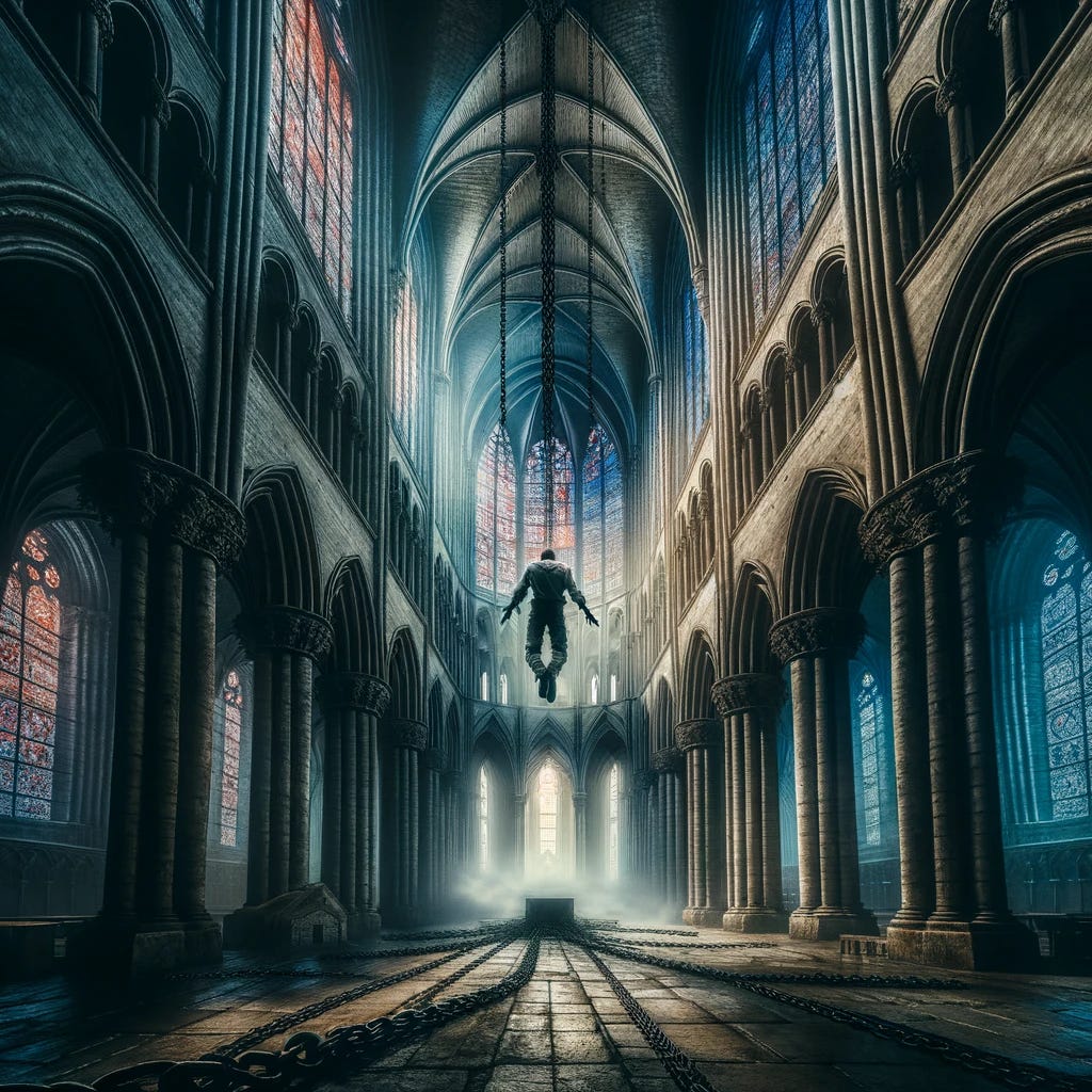 A dramatic scene unfolds within the vast interior of a gothic cathedral, its towering stained glass windows casting colorful light across the cold stone floor. In the center, a man is suspended mid-air, hanging from thick, heavy chains that dangle from the high, arched ceiling. The cathedral's elaborate pillars, intricate carvings, and shadowy alcoves provide a mysterious and ancient backdrop to this somber tableau. The gothic architecture is emphasized by pointed arches, flying buttresses visible through the windows, and elaborate stone work, capturing the essence of medieval craftsmanship and creating a sense of awe and solemnity.