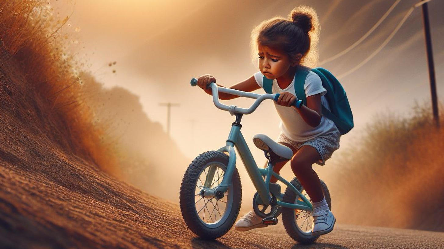 Little girl struggling to learn how to ride a bike