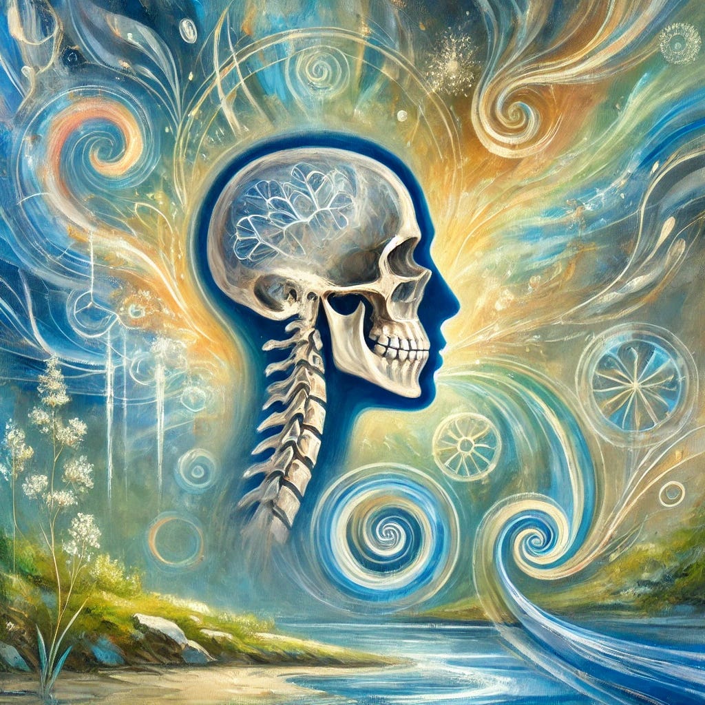 An oil painting focused on the theme of TMJ and holistic health. The centerpiece features a symbolic representation of a human jawbone subtly integrated into a serene natural landscape. Surrounding the jawbone are abstract swirls and patterns that represent energy flow, reflecting the connection between craniofacial health and overall wellness. Gentle curves and light play create a sense of harmony. The color palette includes calming blues and greens with touches of gold to evoke a sense of healing and balance. The brushstrokes are expressive and detailed, capturing the depth and texture of the theme.