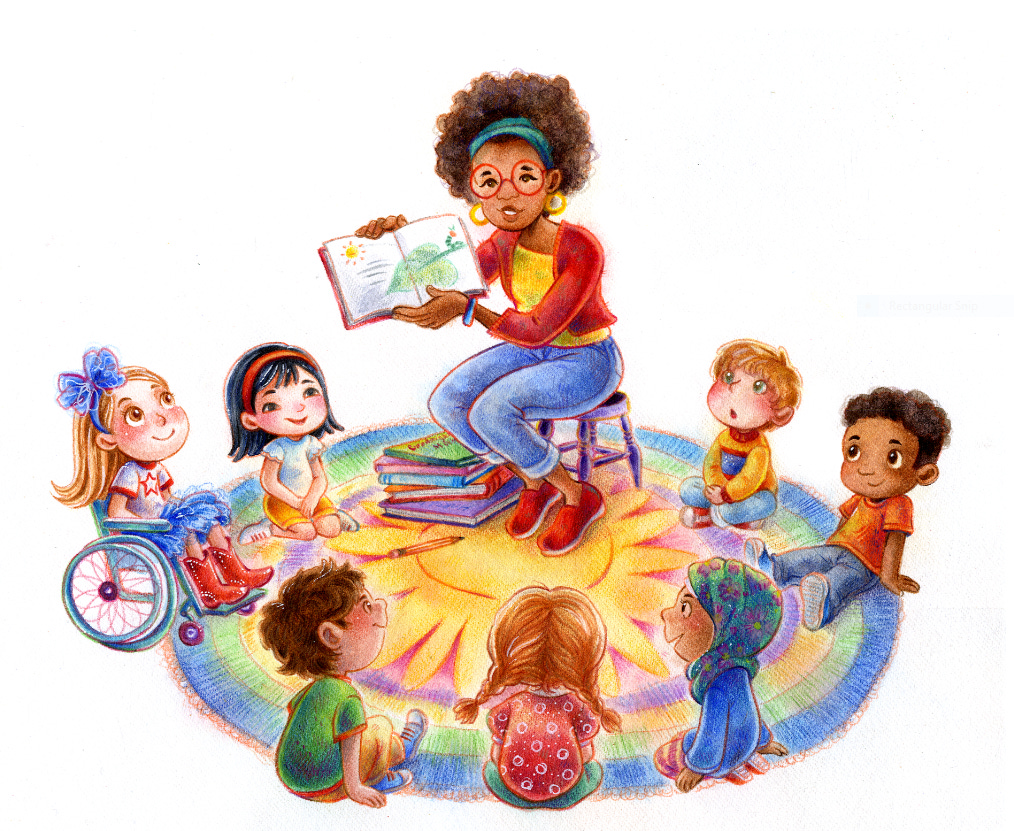 An illustration of a black teacher hold a picture book and reading to her class. The students are of varying races, genders, and disabilities. They all sit on a colorful rug and look to the teacher as she reads.