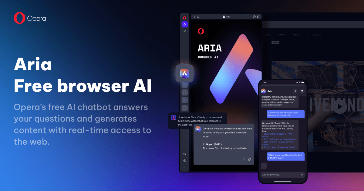 Aria, IA du navigateur | IA gratuite avec accès à Internet en temps réel |  Opera Browser