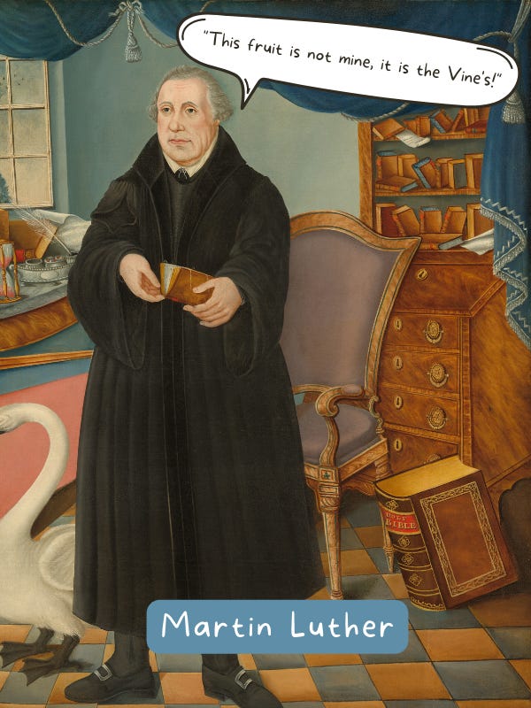 Martin Luther stands in his library with a book in his hand. In a conversation bubble above him, are the words, "The fruit is not mine, it is the Vine's." This is referring to the fruits of the Spirit.