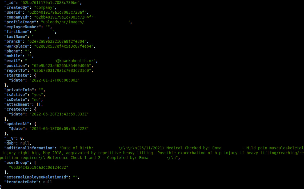 Redacted example of the employees table with details on injuries and medical issues for an employee of kawekahealth.nz