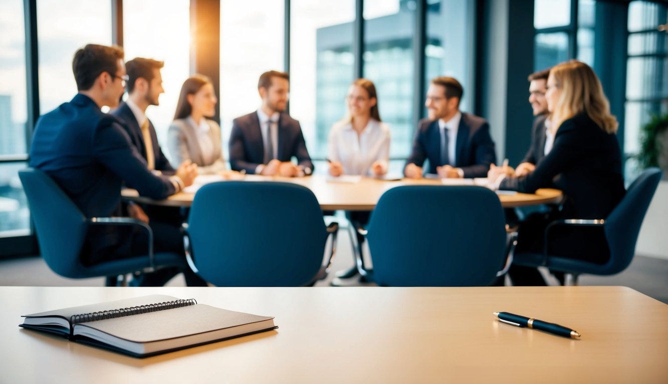 A lone chair facing away from a group of engaged colleagues in a meeting. Empty notebook and pen on the table