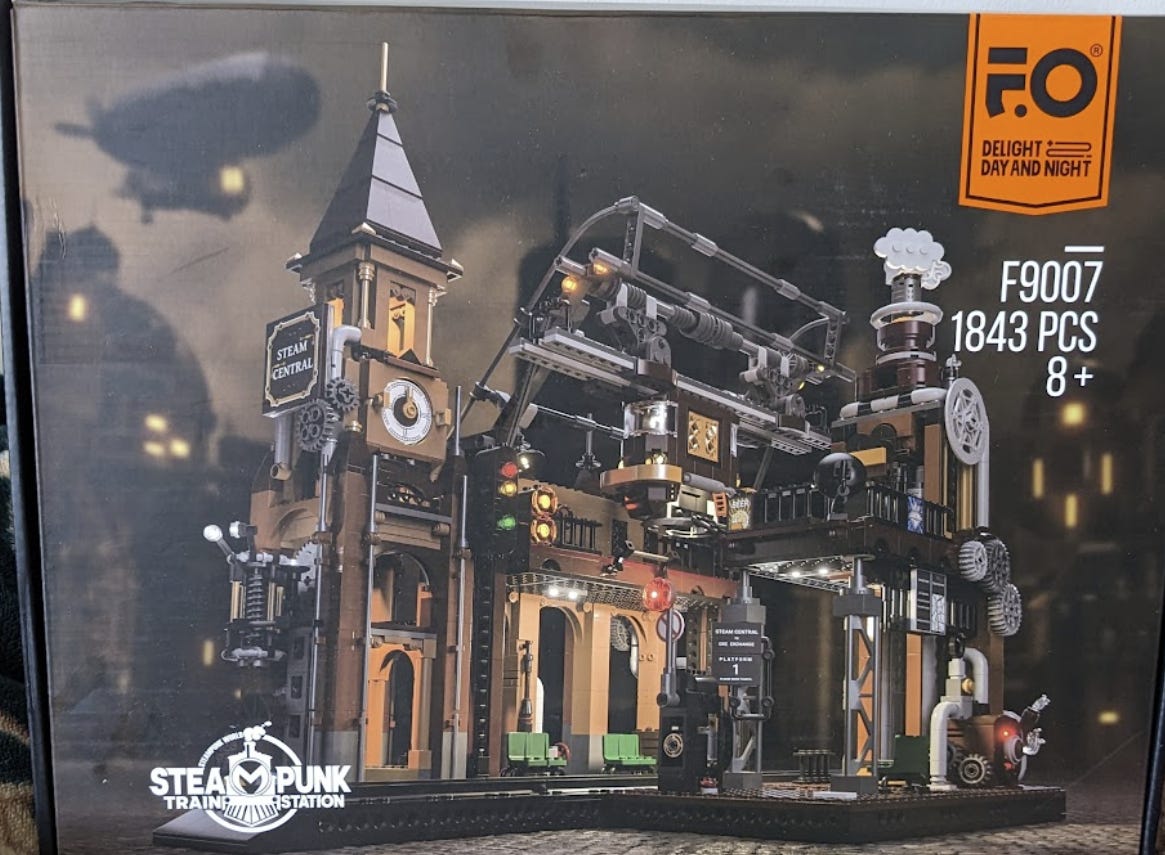 A steampunk (offbrand) lego train station box