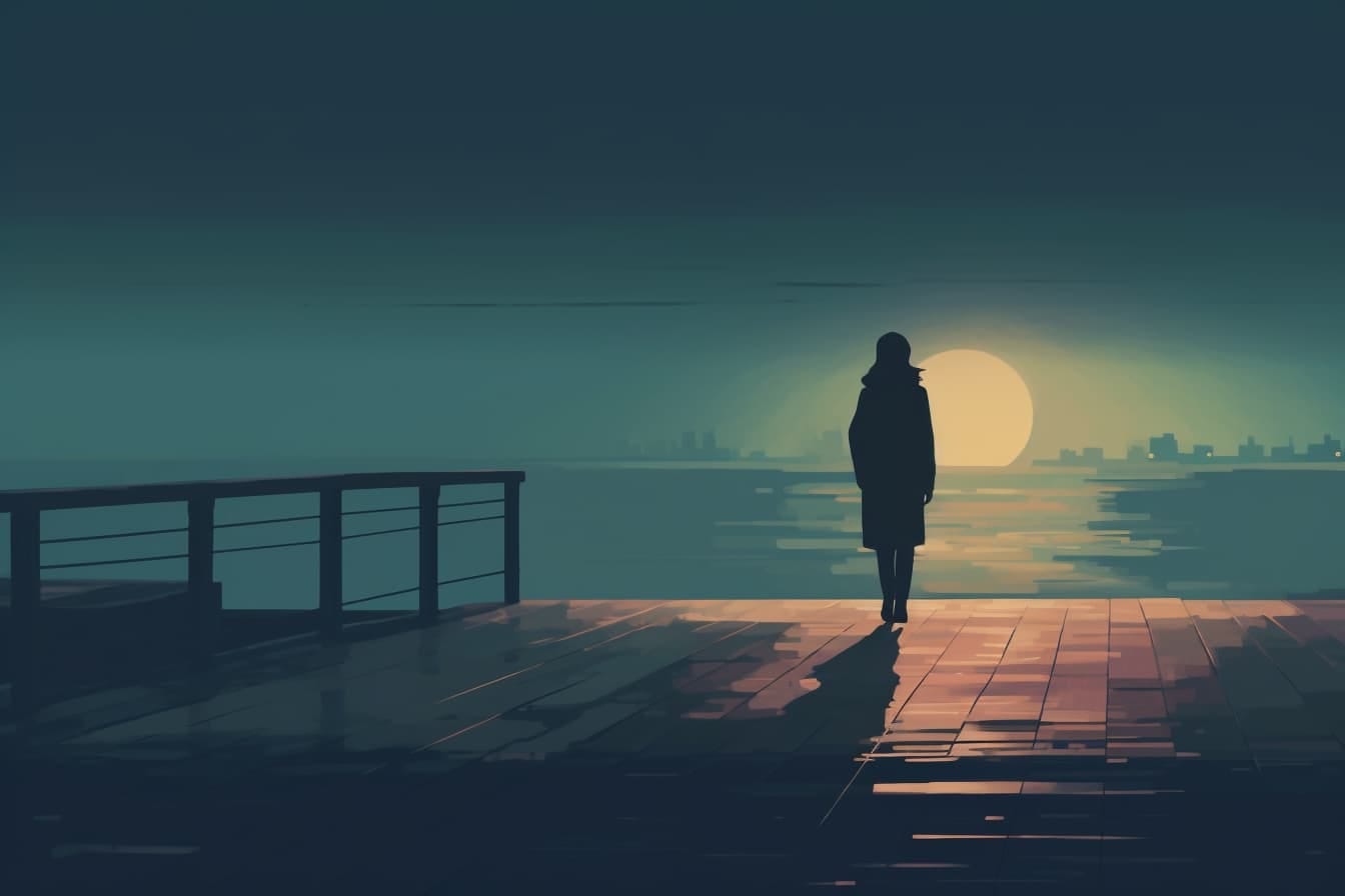 graphic novel illustration of a woman standing at the edge of a pier at sunset
