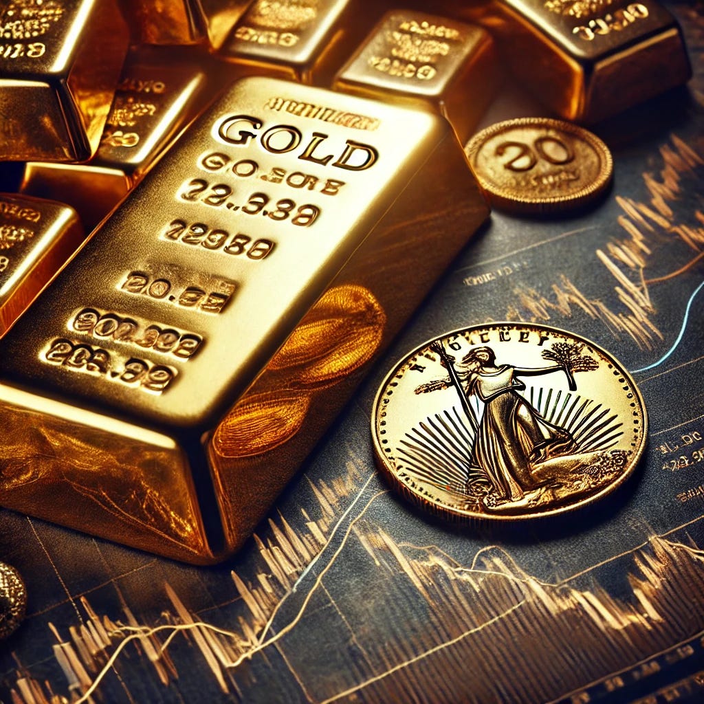 A close-up of a gleaming gold bar or coin placed beside financial charts that display the performance of gold over the years. The charts are filled with rising and falling lines, highlighting key moments in gold's value history. The gold bar or coin is polished and shining, reflecting light, with intricate details. The background is a mix of dark tones, drawing focus to the gold and the dynamic charts. The image conveys a sense of wealth, stability, and the fluctuating nature of gold investments.