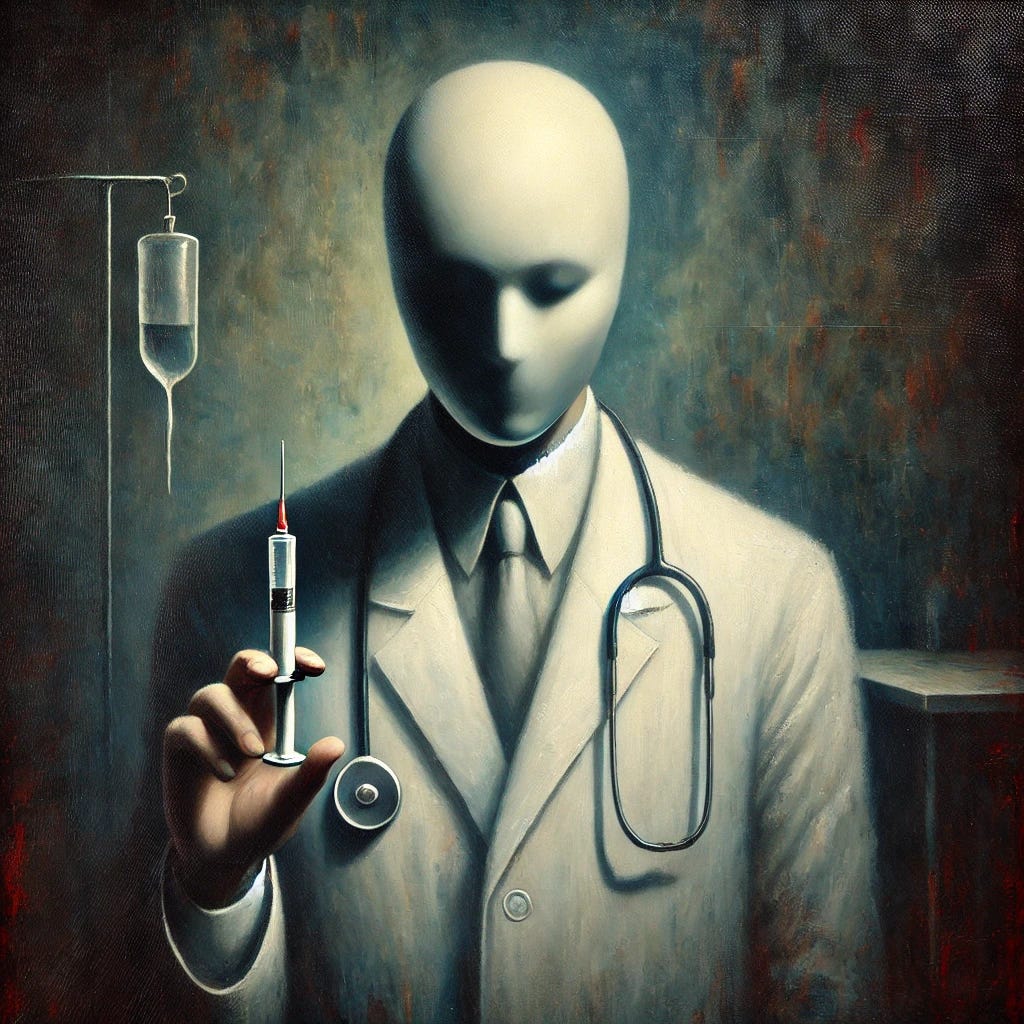 An oil painting depicting a symbolic representation of a doctor wearing a white coat, with a neutral expression, standing in a dimly lit room. The doctor is holding a syringe in one hand, and a stethoscope hangs around their neck. The background is a blend of dark colors, hinting at an ominous atmosphere. There is a sense of tension and introspection in the scene, conveying the gravity of medical decisions and their impact on patients. The overall mood is somber and contemplative.