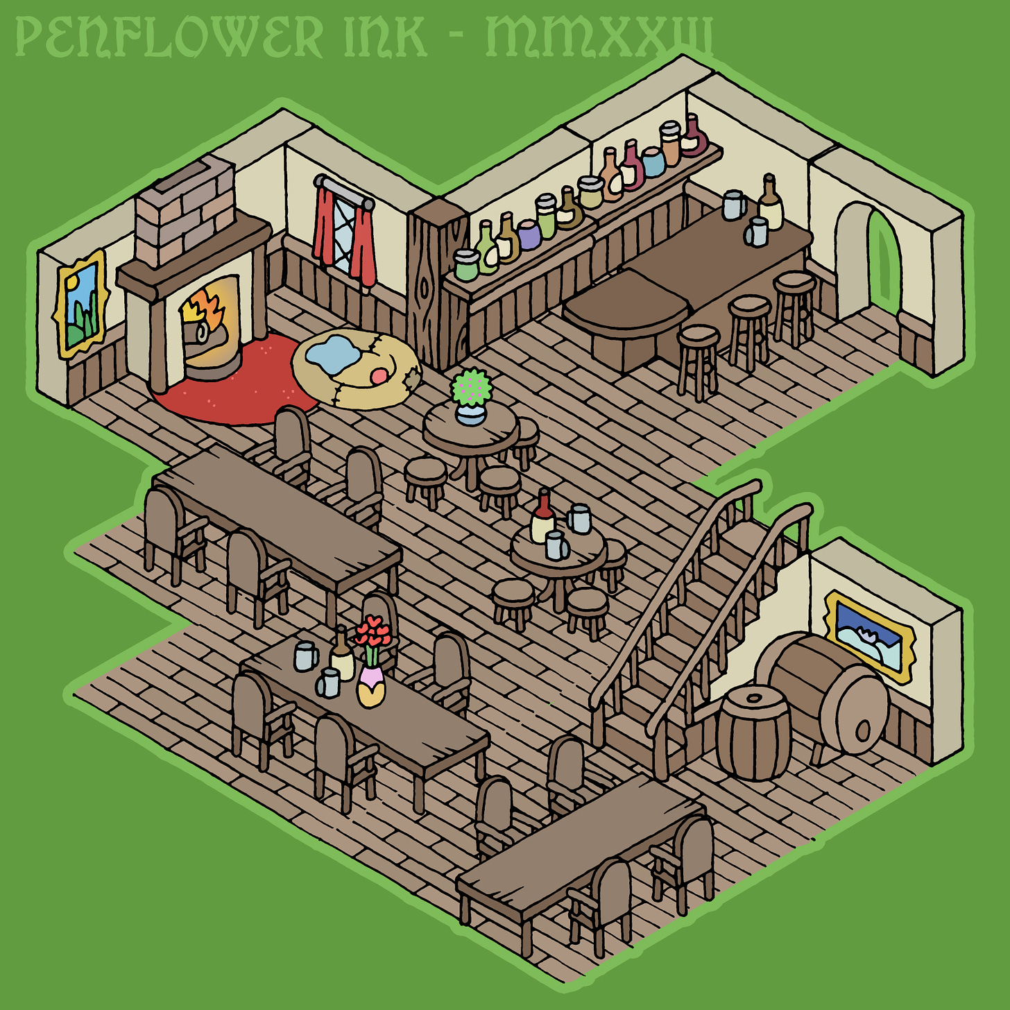 Composite image of an isometric fantasy tavern map, made using the various new modular tavern assets, including wall sections, wooden floors, furniture and decorative objects.