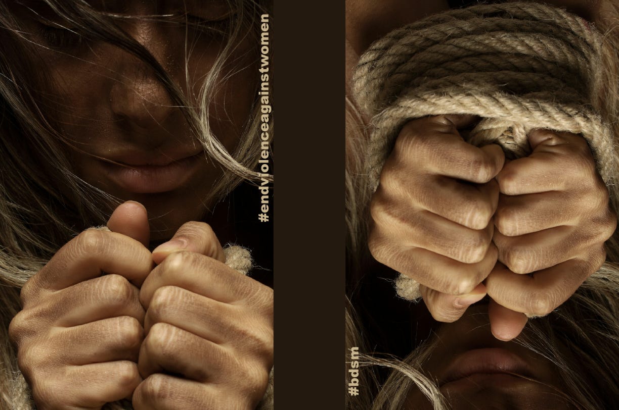 Photo centered on a woman's face with an end violence against women hashtag next to the same photo centered on her tied hands with a bdsm hashtag