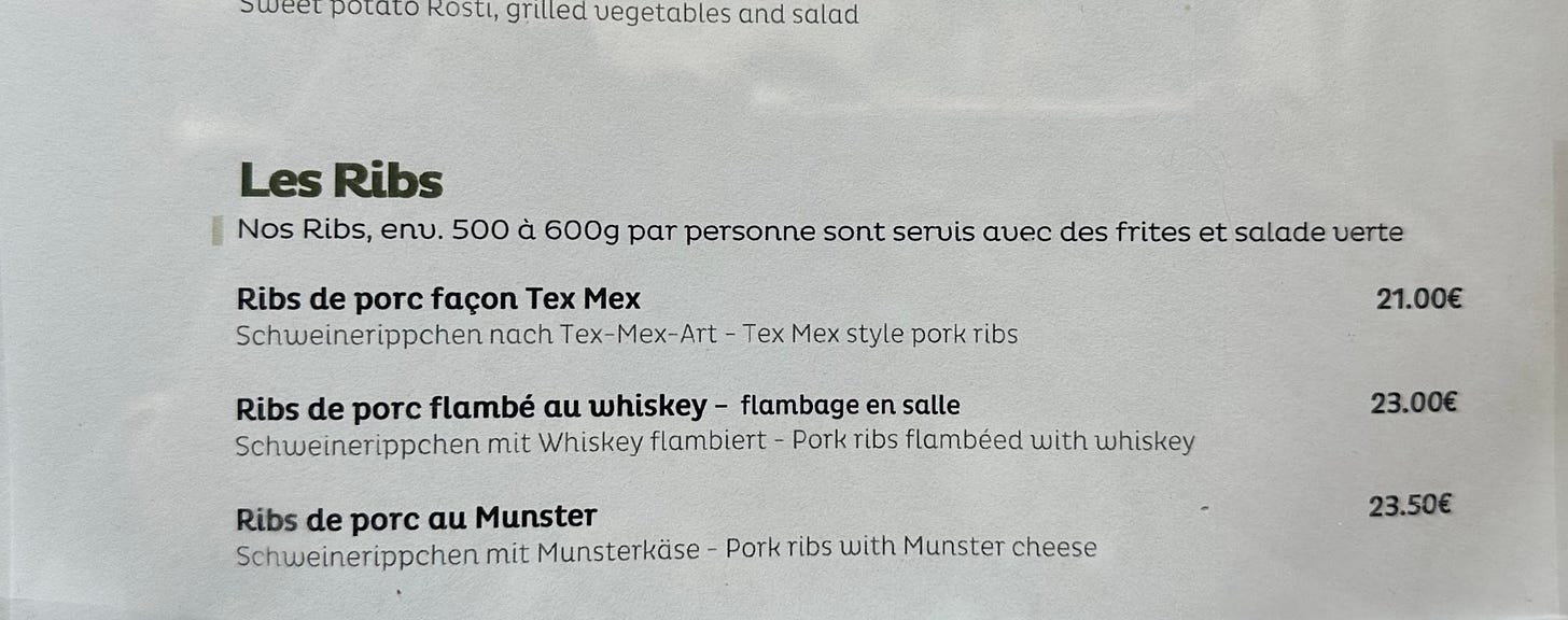 menu for ribs in Strasbourg, France