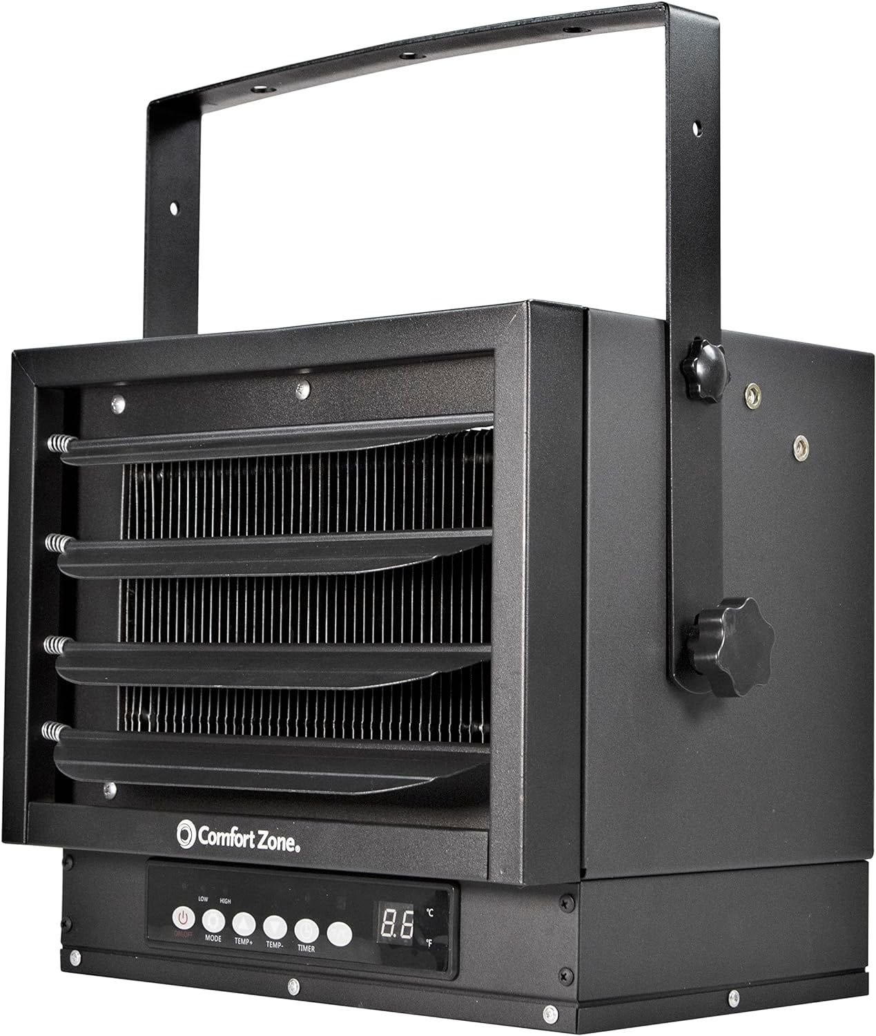 A black electric heater with a handle

Description automatically generated