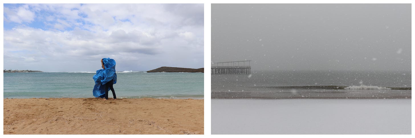Visual Description: A two-panel photographic set. On the left, a color photograph of sand, water, and cloudy sky, with bits of land on the horizon, and a person standing on the sand, wrapped up in a blue tarp that is blowing in the wind. On the right, a black and white photo of snow-covered land, water with a pier on the left side, and a gray sky. A small wave crests on the water, and snowflakes dot the background and foreground of the photo.