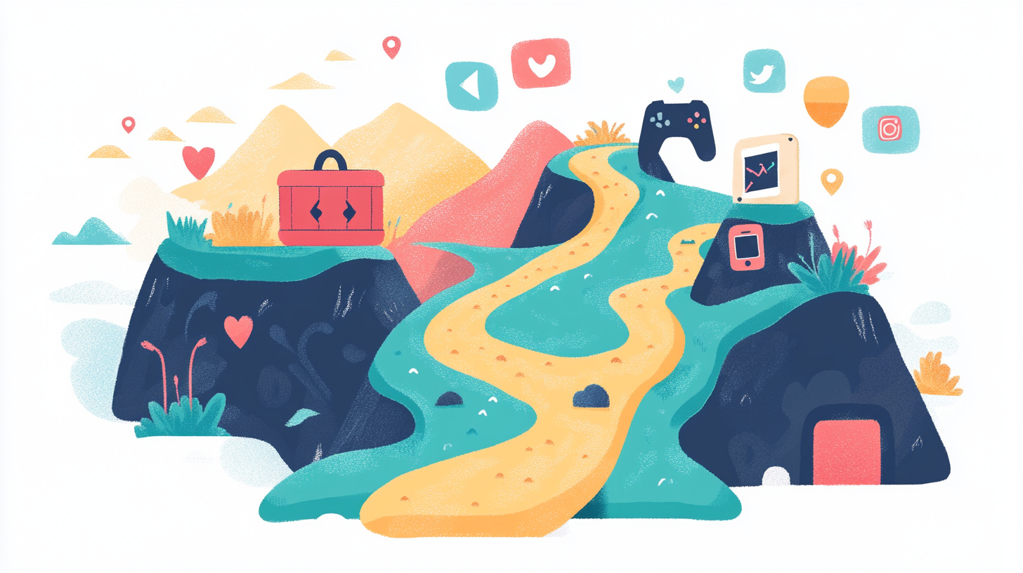 Ilustração mostrando dois caminhos para um tesouro: um caminho direto e íngreme que leva ao tesouro do Trabalho Profundo, e um caminho sinuoso cheio de distrações como smartphones e redes sociais que termina em uma recompensa muito menor