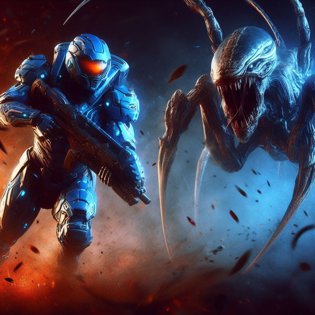 A futuristic super soldier in blue armor fighting alongside a more and more skittering alien creature from a hive mind