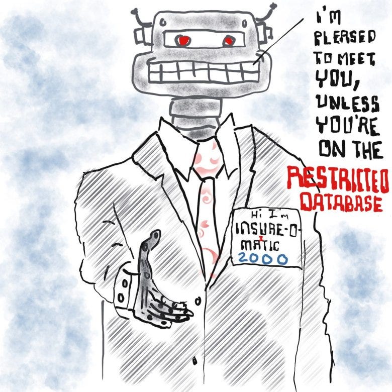 A cartoon drawing of an artificial intelligence insurance agent wearing a nametag that says Hi, I'm Insure-o-matic 2000