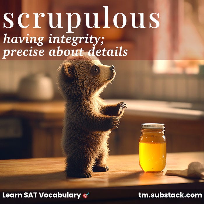 Illustration of a well-behaved baby bear resisting honey temptation; used to illustrate the SAT word 'scrupulous'.