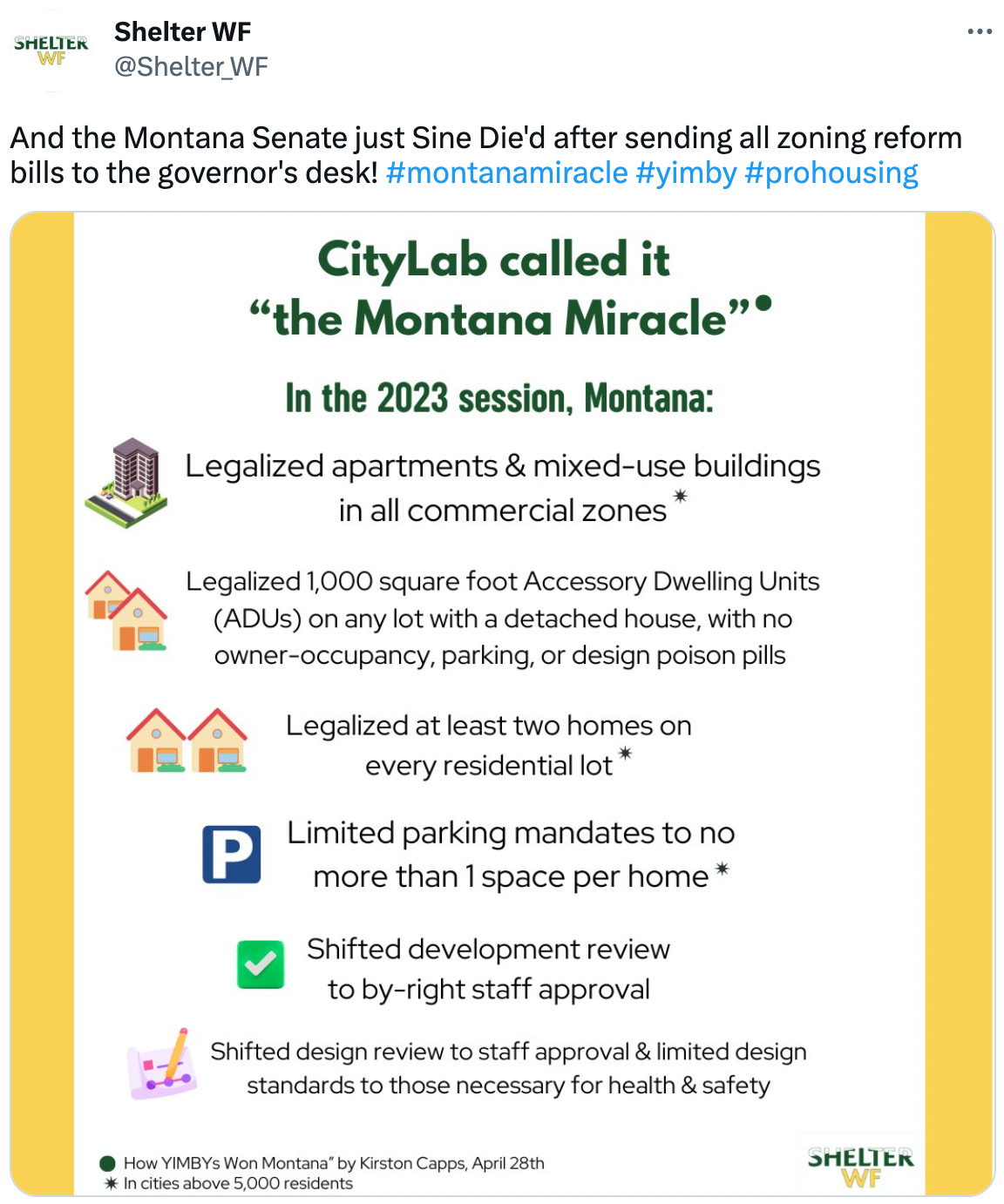  See new Tweets Conversation Shelter WF @Shelter_WF And the Montana Senate just Sine Die'd after sending all zoning reform bills to the governor's desk! #montanamiracle #yimby #prohousing