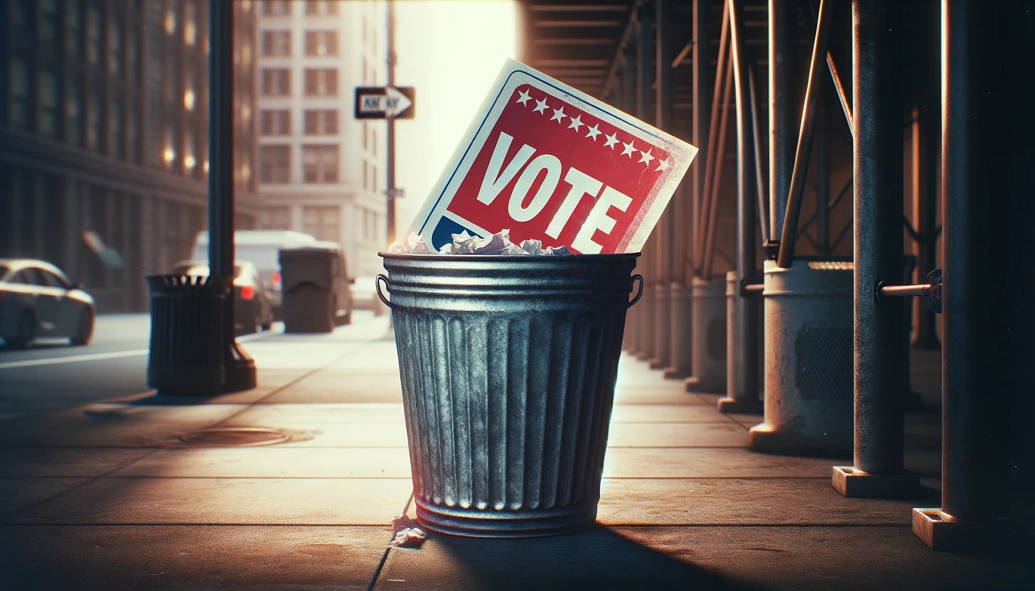 A "Vote" sign sits in a full trash can.